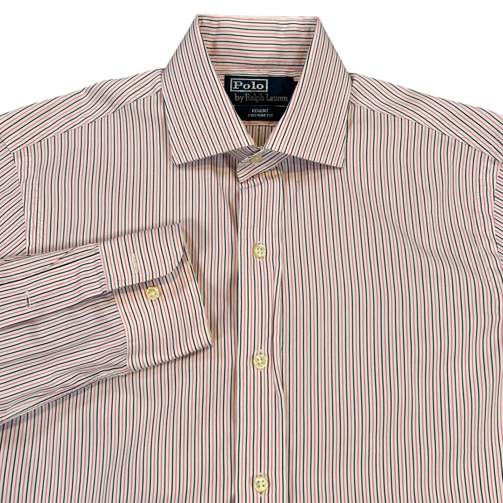 Polo‎ Ralph Lauren Regent Button Up Dress Shirt Men 14.5 32/33 Pink Navy Striped